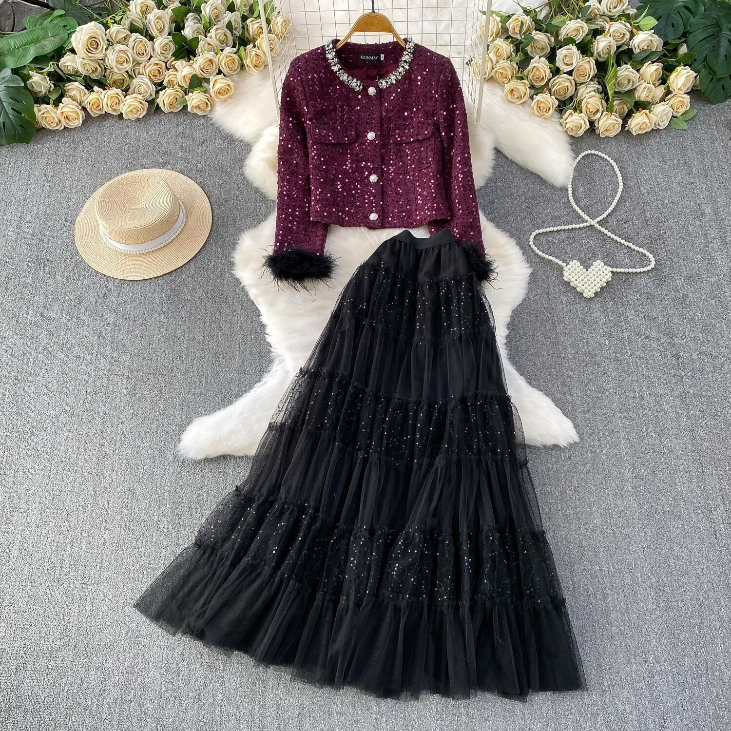 

Autumn Prom Evening Dress Luxury Formal Sequin Jacket Coat Tulle Skirt Brand Runway Winter Clothes Feather Long Sleeve Coat Suit