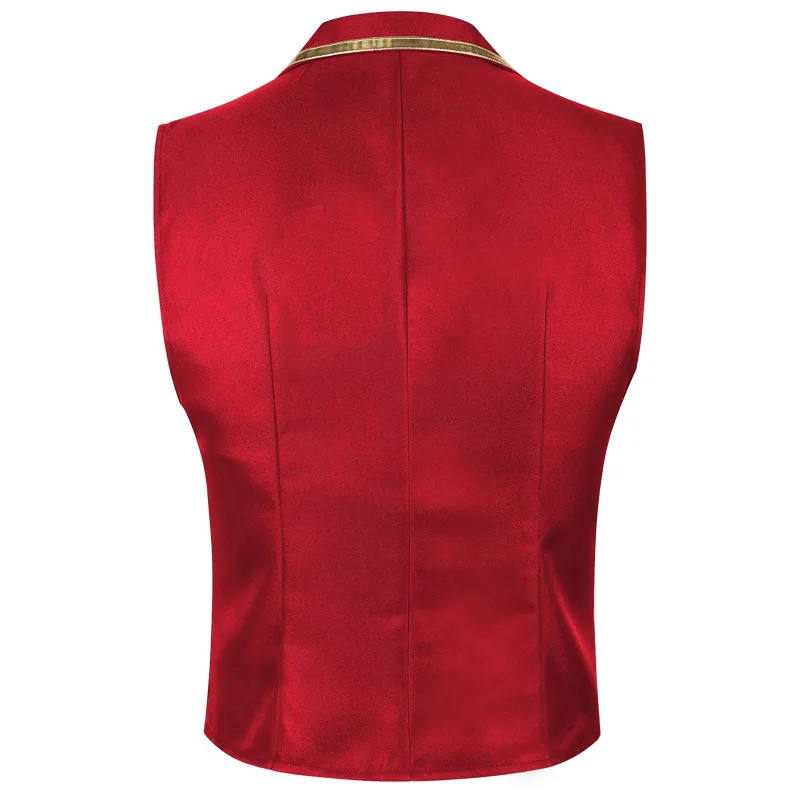British Style Men Red Sleeveless Vest Jacket, Thin Single Button V-neck Waistcoat, Gold Striped Patchwork. 2026 New Vests