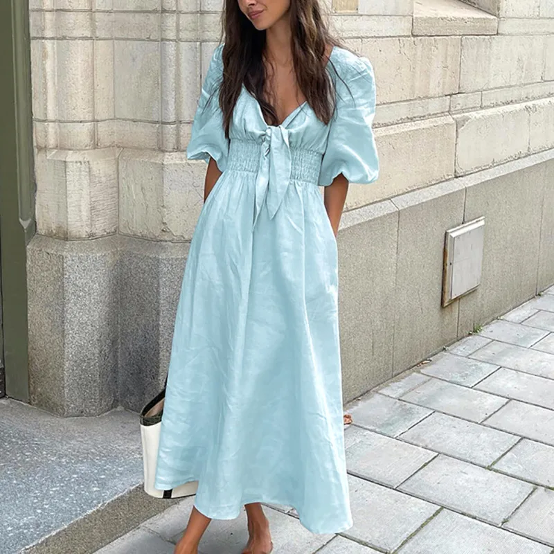 

Chic Puff Sleeve Midi Dress For Summer 2025 Featuring V-Neckline And Smocked Waist Cotton Linen Fabric For Breezy Daytime Looks