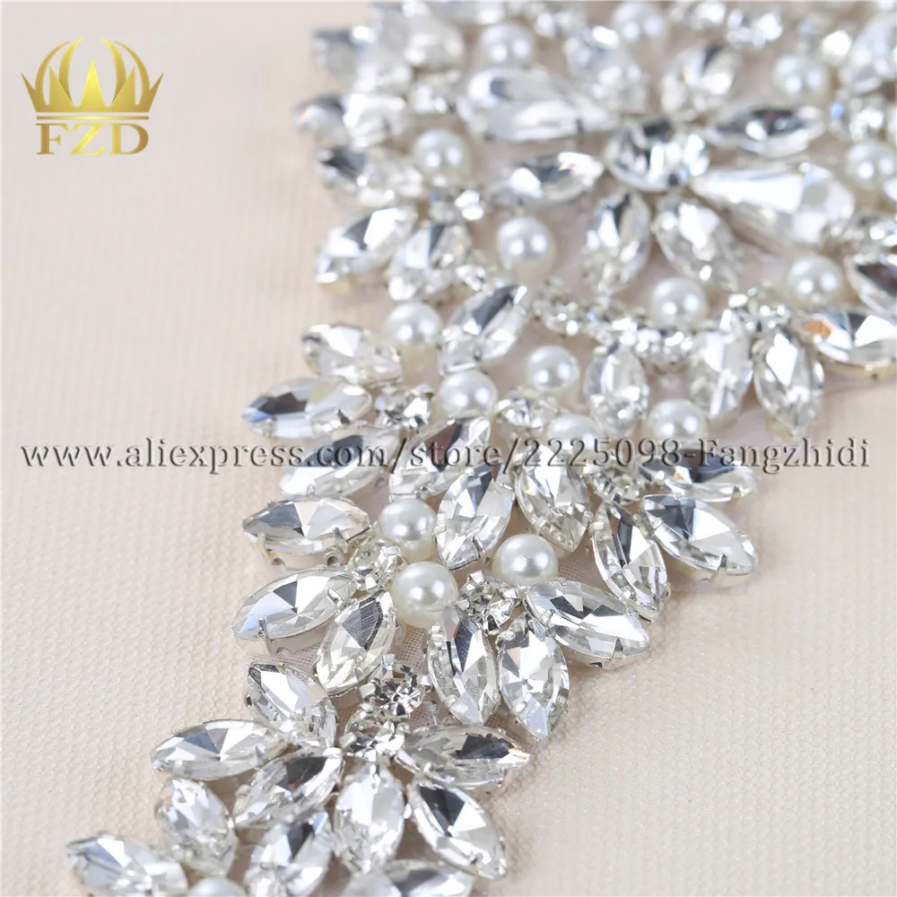 FZD 1 Piece Wedding Rhinestones Applique Crystal Hot Fix Clear Rhinestones Designs for Bridal Sash or Wristbands Crystal Stones