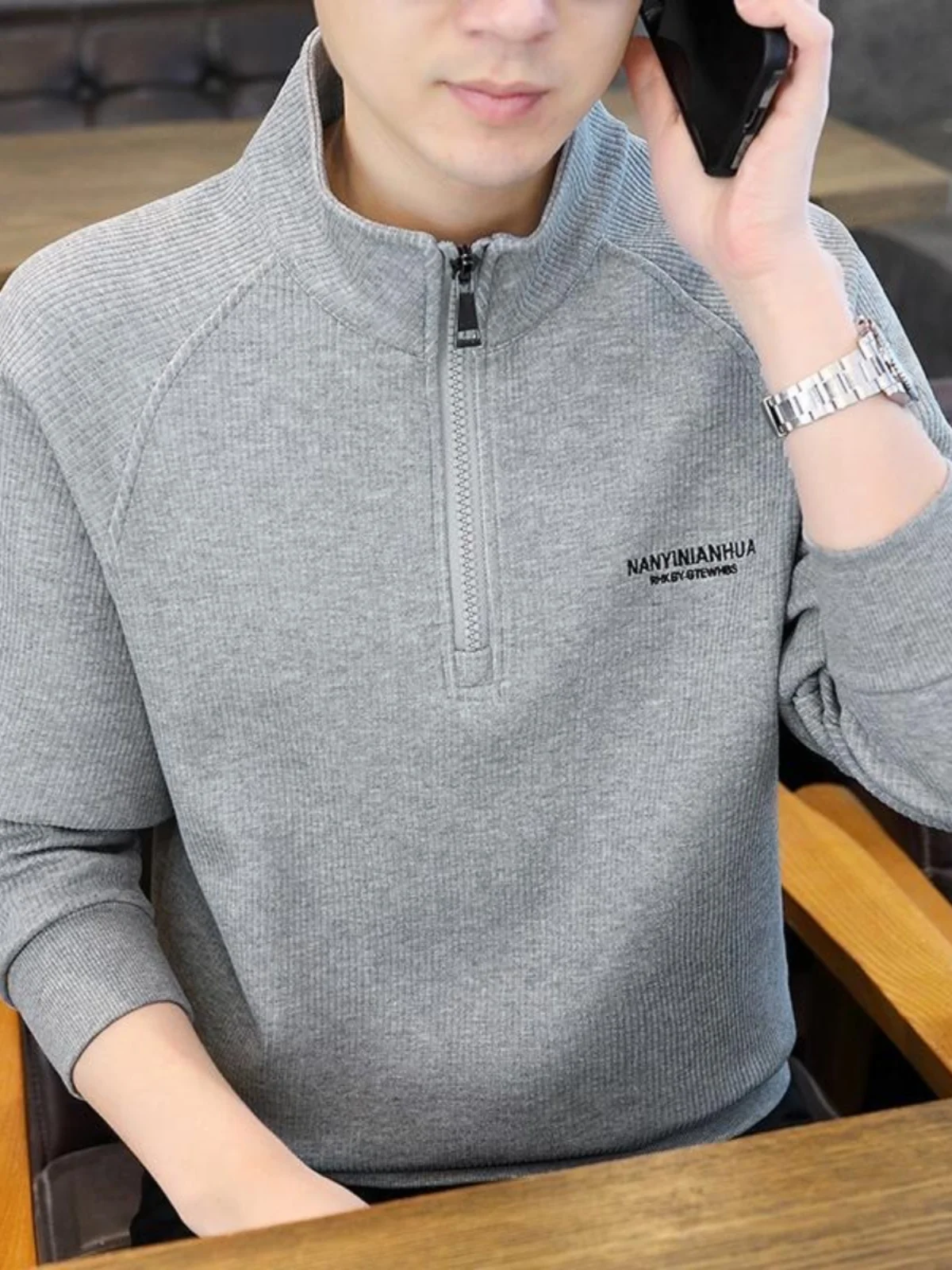 

Мужская весенне-осенняя клетчатая толстовка с вышивкой на молнии, длинный воротник-стойка, повседневная внутренняя одежда, бархатный топ, молодежная мода