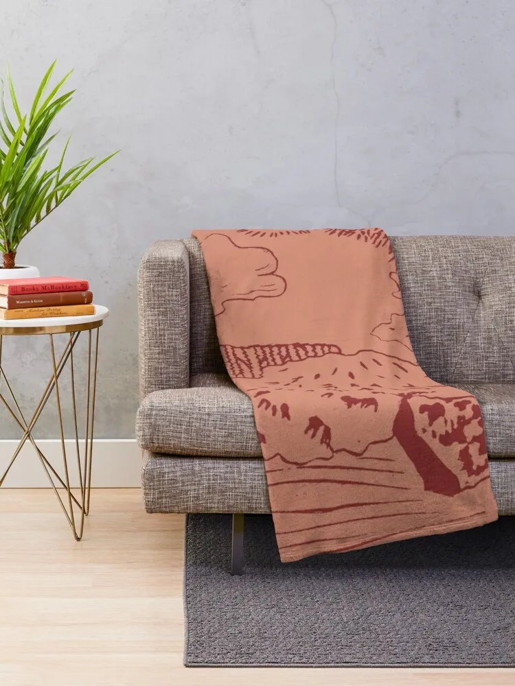 Japanese Garden with Pagoda Linocut Print - Ruby + Coral Throw Blanket Weighted Flannel Thermals For Travel Blankets