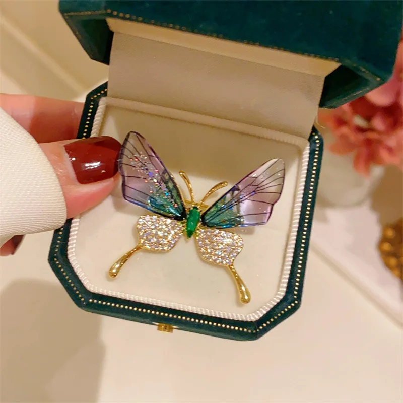 Rinhoo  Acrylic Wings Rhinestone Butterfly Brooch Pins For Women Zircon Crystal Tassel Butterfly Lapel Animal Badge Jewelry