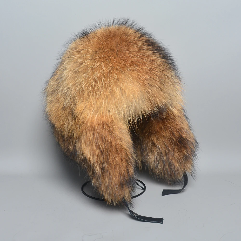 Real Fur 100% Fox Skin Russian Businessmen Pilot Bombers Full Mao Men\'s hat Ushanka Winter Ear Guard Hat Raccoon Fur Beanie hat