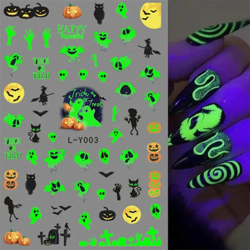 Nail Art Sticker Halloween 3D Glow Spider Web Art Stickers Fluorescentie Glow Nails Art Sliders Folie Tattoo Halloween Nail