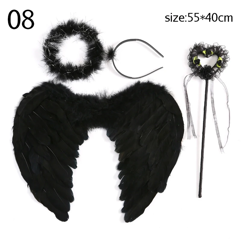 Alas de plumas de Ángel para Cosplay blanco, alas negras del diablo, tocado de alas de plumas de rendimiento para niños, vestido de alas de flores para novia