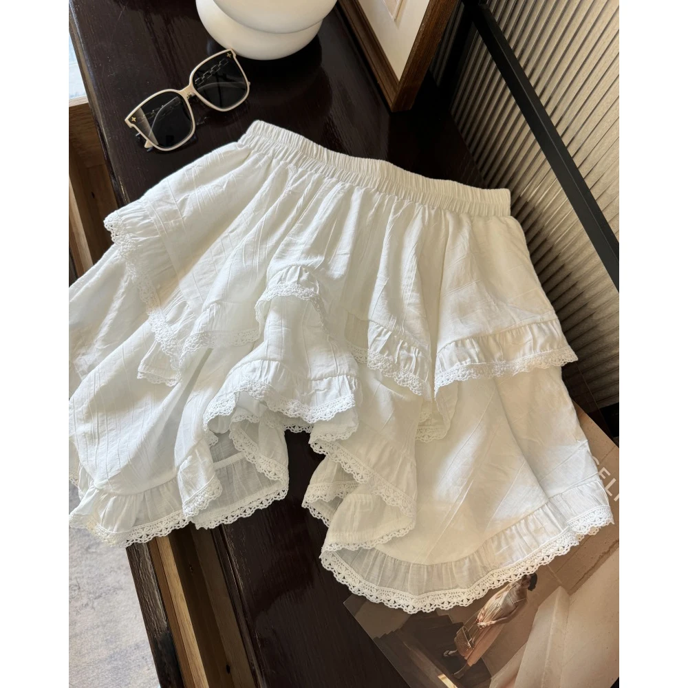 

2025 Women White Mini Skirts High Waist A-Line Lace Hem Sexy Skirt Women Summer Boho Skirts Brand Faldas Femme Streetwear