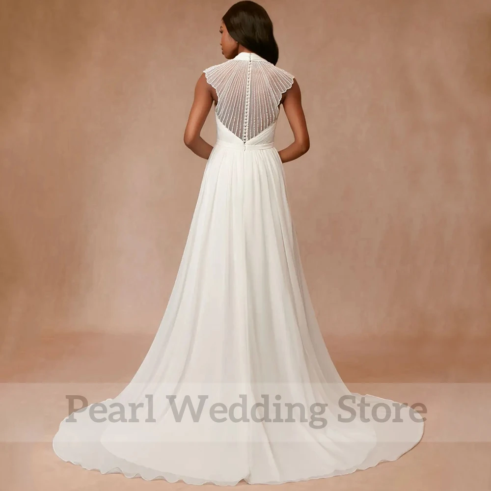 Charming Cap Sleeve Wedding Dress Chiffon V-Neck A-Line Floor Length with Belt and Beaded Bridal Beach Seaside Marriage Gowns