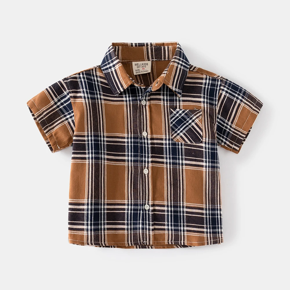 Boys Lapel Plaid Short-sleeved Shirt Summer Cool Breathable Shirt Boys Leisure Shirt