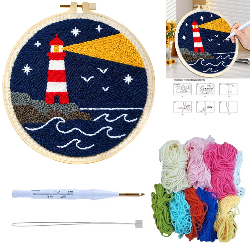 Diy Punch Needle Embroidery Starter Kits Landscape Pattern Poking Embroidery Hoop Yarn Rug Crafts Painting For Home Decor ﻿