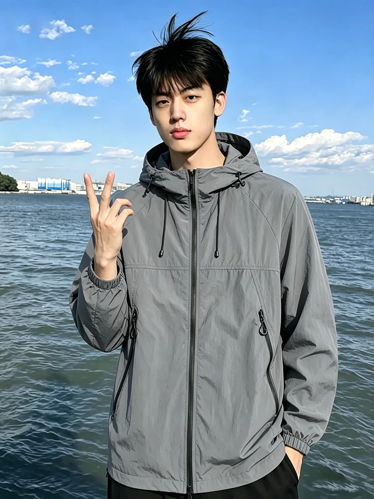 Men's Casual Summer Jacket Quick Dry UV Protection Bicycle Riding Clothes Fashionable Hooded Coat Youth Popular Ice Silk Fabric