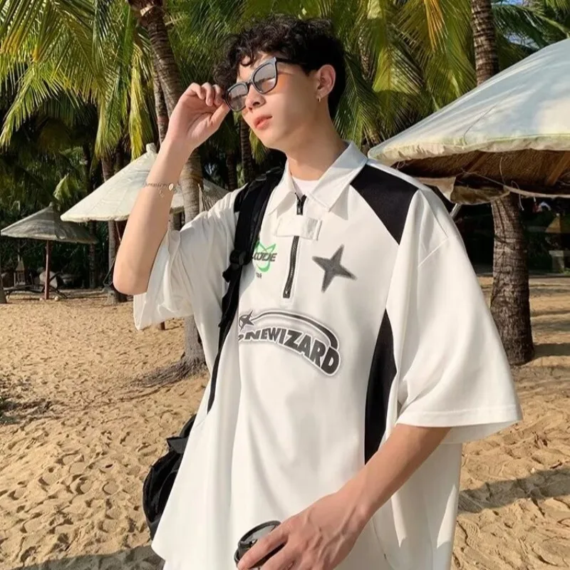 American Retro Short Sleeved Y2k Motorcycle Style Polo Collar Simple Versatile Loose Vintage Summer Couple T-shirt Casual Top