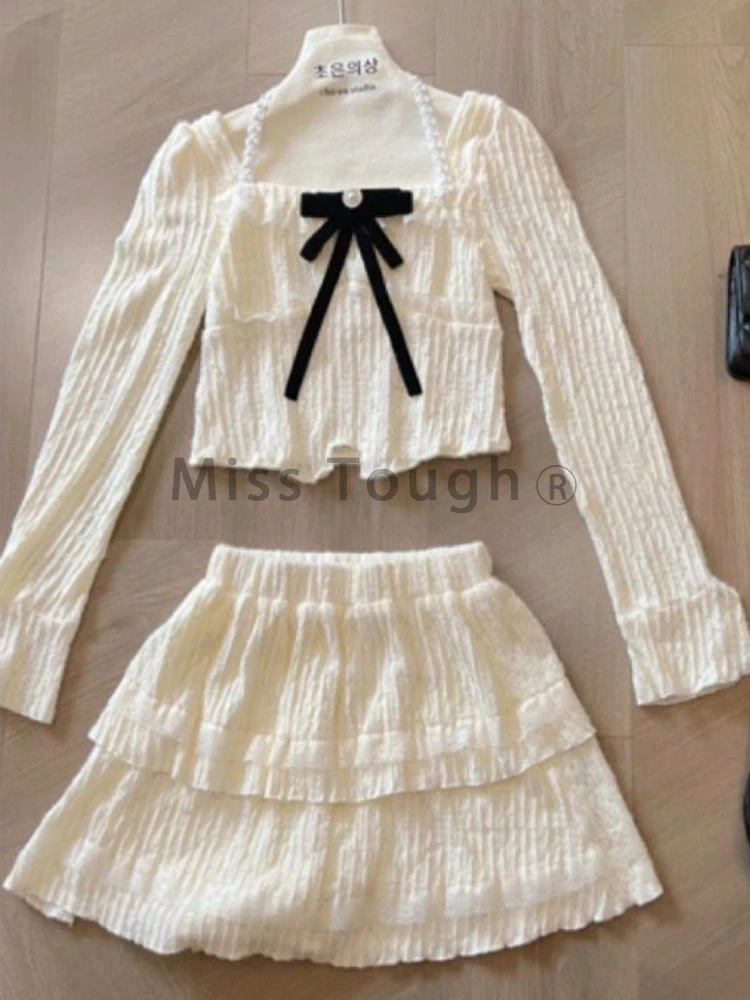 Autumn Korean Fashion Thin 2 Piece Set Women Chic Patchwork Bow Tops+High Waist Mini Skirt Female Casual Pretty Solid Suit New