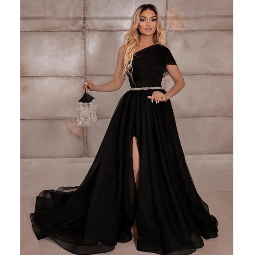 Elegant Fairy Black Purple Women Prom Dress Sexy Side High Split Floor Length Shiny Belt Off Shoulder A-Line فساتين حفلة موسيقية