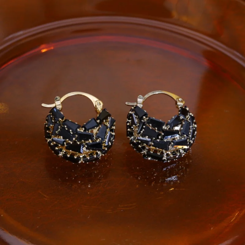 Korean new design fashion jewelry 14K gold plated black zircon bag earrings elegant women's daily work accessories