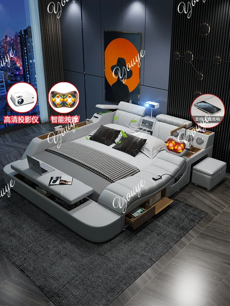 

N49 Интеллектуальная массажная кожаная кровать с татами, многофункциональная кровать для главной спальни, современный простой проектор, свадебная кровать