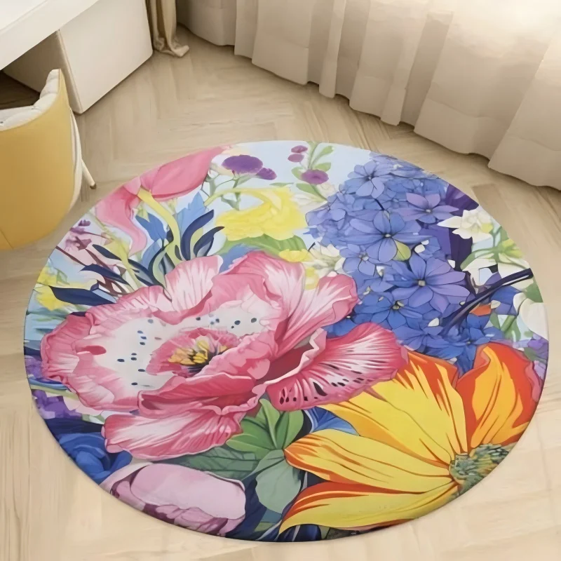 Floral Round Carpet Vintage Oil Painting Colorful Flower Large Area Rug Bedroom Vanity Table Accent Floor Mat