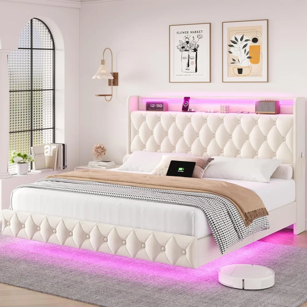 Floating Bed Frame Queen Size Platform with LED Lights, USB Charging Station Headboard Modern Upholstered Velvet Fabric Bed