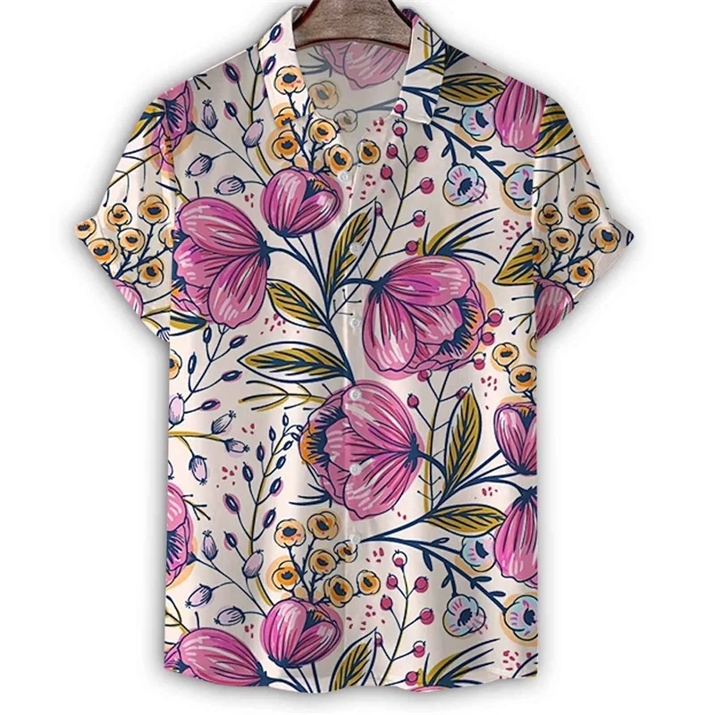 

2024 Summer Flower Fashion 3d Printed Plant Hawaiian Shirt for Men Patterned Short Sleeve Lapel T-shirt Button Down Shirt Top Ga