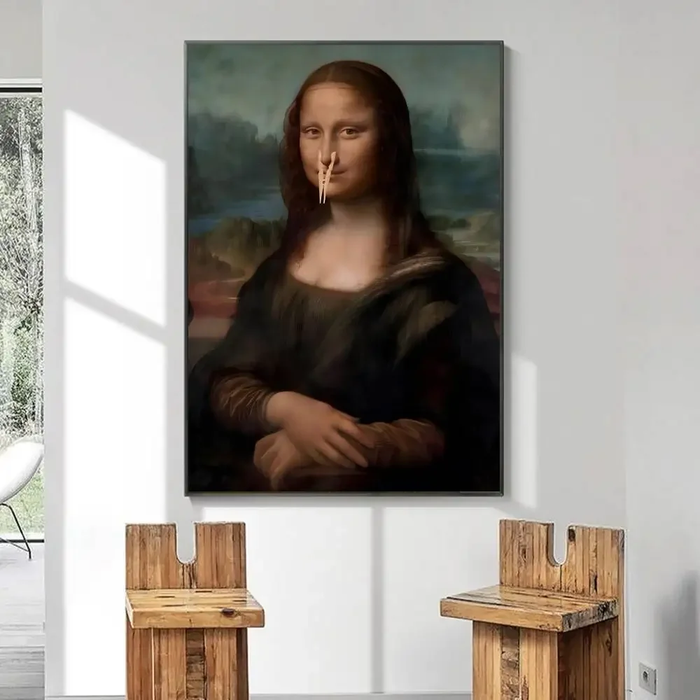 1pc drôle salle de bain toilette Mona Lisa portant des perles fille affiche auto-adhésif Art papier imperméable autocollant chambre décoration murale