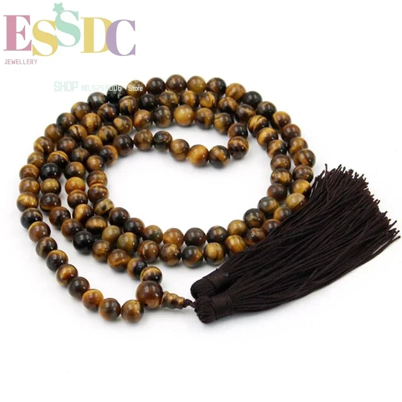 Hot Sale Natural 8mm Tiger Eye Stone 108 Beads Prayer Bracelet Buddhist Tassel Necklace Unisex Jewelry Christmas Gift Wholesale