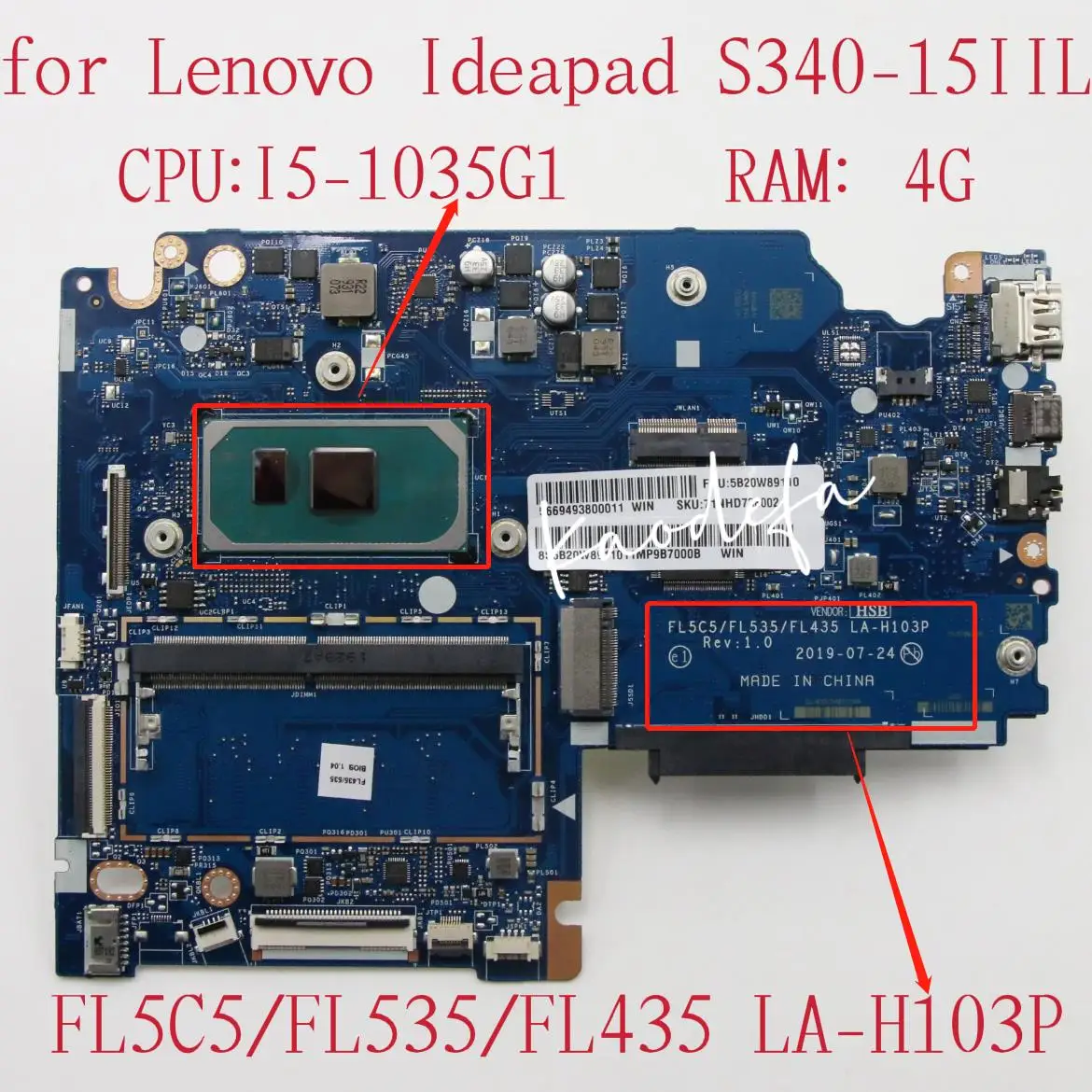 For Lenovo IdeaPad S340-15IIL Laptop Motherboard CPU: I5-1035G1 RAM:4G LA-H103P FRU:5B20W89115 5B20W89112 5B20W89111 5B20W89116