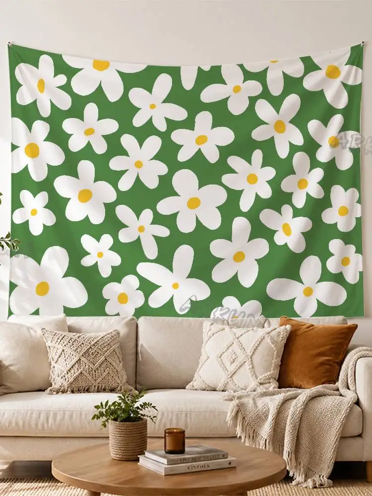 Multi‑Style Floral Pattern Wall Tapestry, Pastel Color Cherry Bow Daisy Flower Print Sweet Cute Botanical Seamless Art Decor