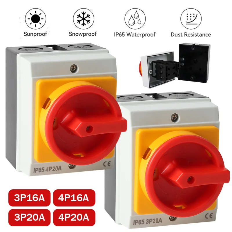 3P 4P 16A 20A AC Isolating Switch Disconnecting Switch AC Load Isolator IP65 Waterproof Power Cut-Off Transfer Switch 230-440V