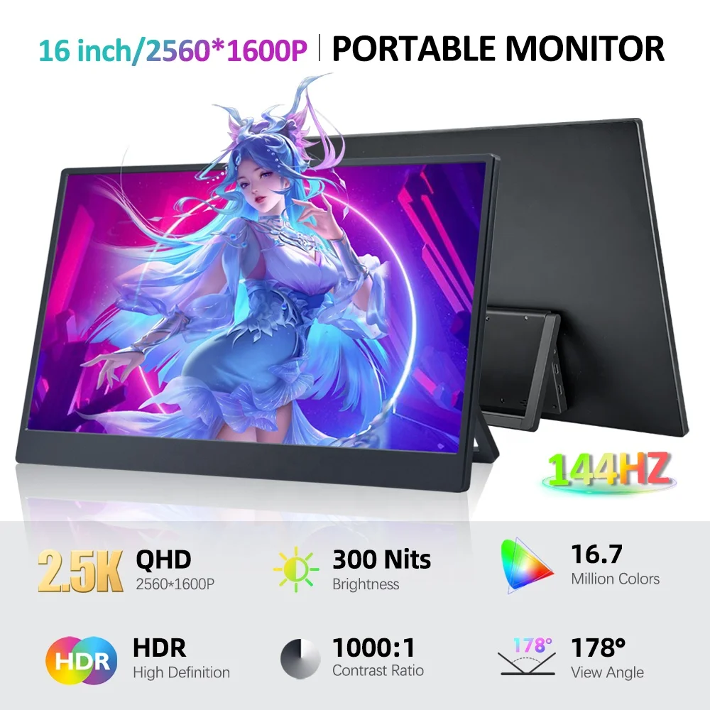 16 Inch 2.5K 144Hz Portable Gaming Display for Switch PS5 Xbox 100%sRGB 2560*1600 Portable Monitor for Laptop