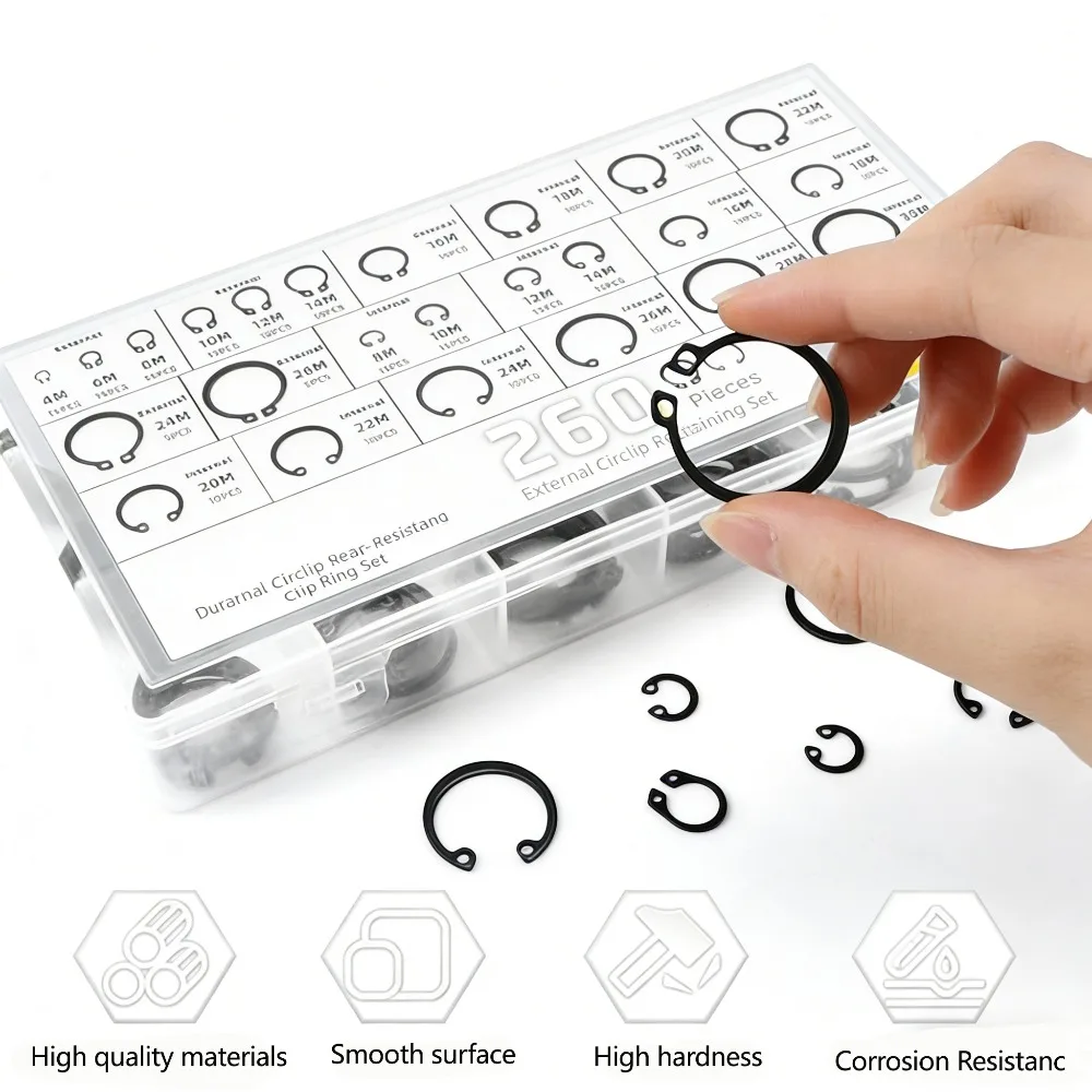 260Pcs Black C-Clip E-Clip Retaining Ring Assortment 12 Sizes 4‑30mm with Snap Ring Pliers for Shaft Hole Mechanical Repair view 3