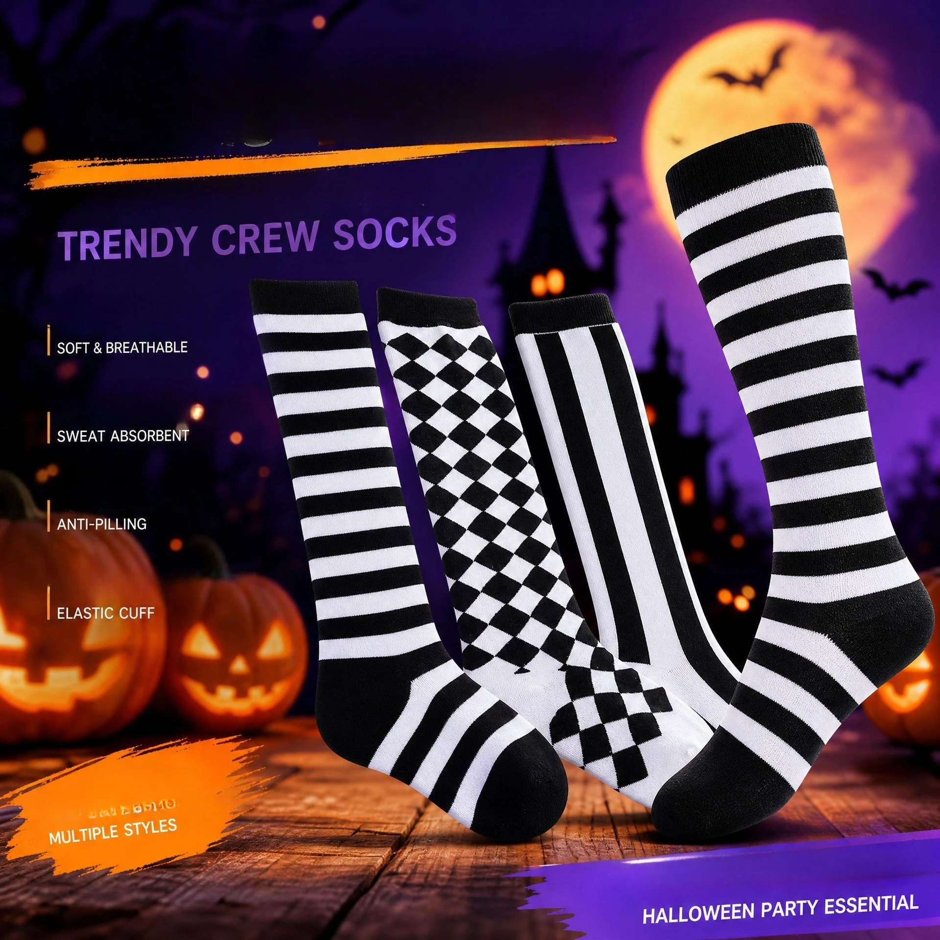1PC Fall Winter New Halloween Long Socks,Black White Striped Checkerboard Knee High Socks,Fashion Sport Socks,Unisex Couple Sock