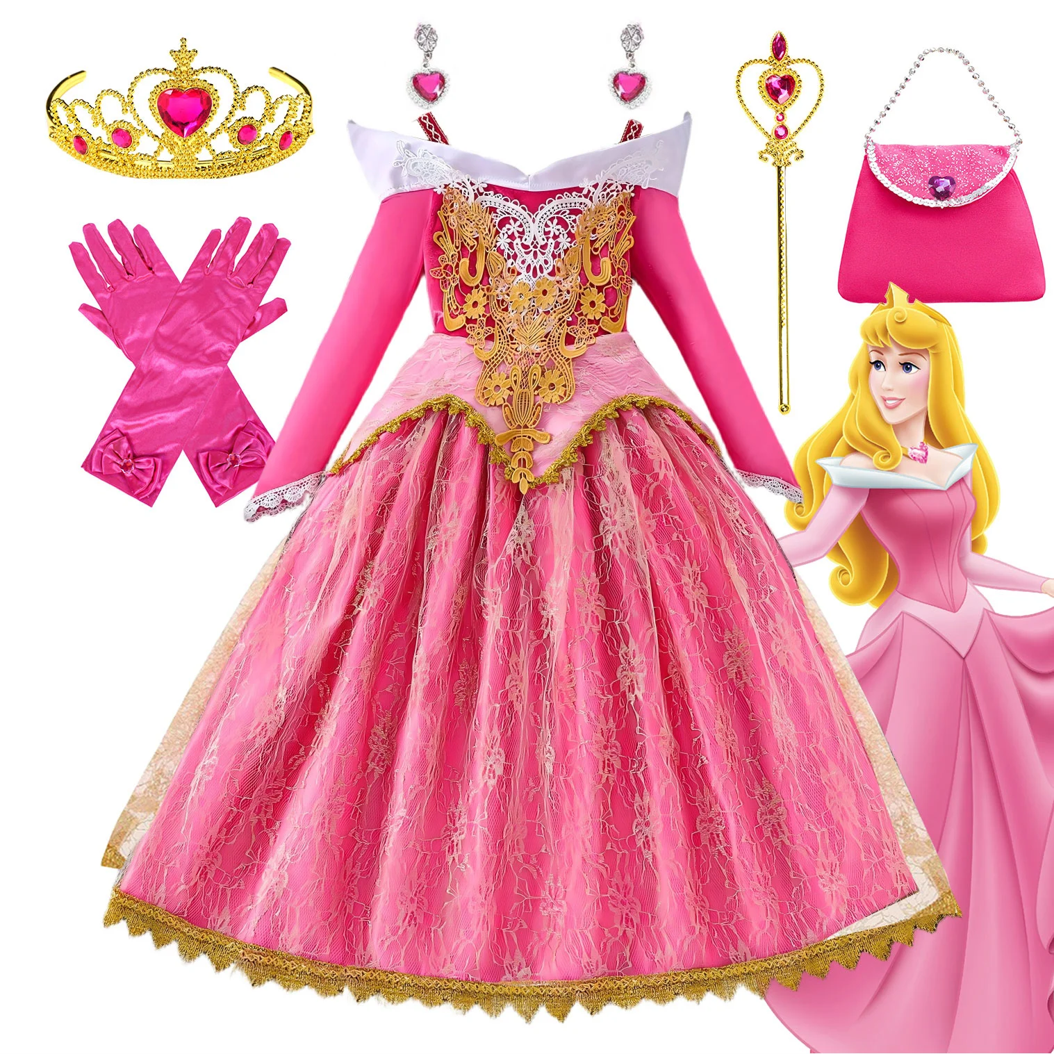 

Disney Aurora Movie Costume Role Play Lace Girl Prom Princess Dress Birthday Party Sleeping Beauty Kid Halloween Cosplay Apparel