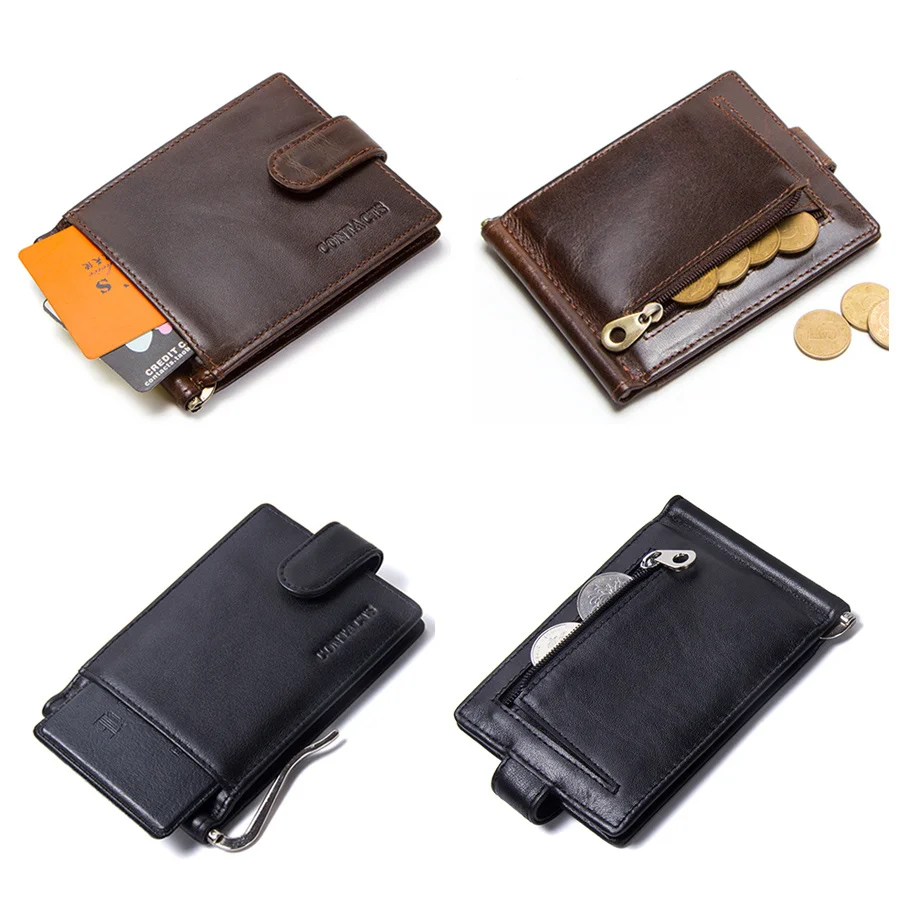 Clip de cuero de vaca para hombre, billetera para tarjetas, abrazadera delgada para 10 s, funda de crédito plegable para hombre con bolsillo para monedas con cremallera