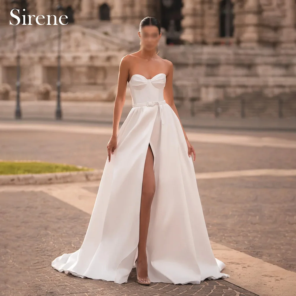 

Customized Elegant Long Satin Wedding Dresses Ivory Sweetheart Floor-Length Sweep Train Brides Dress Women Vestidos De Novias