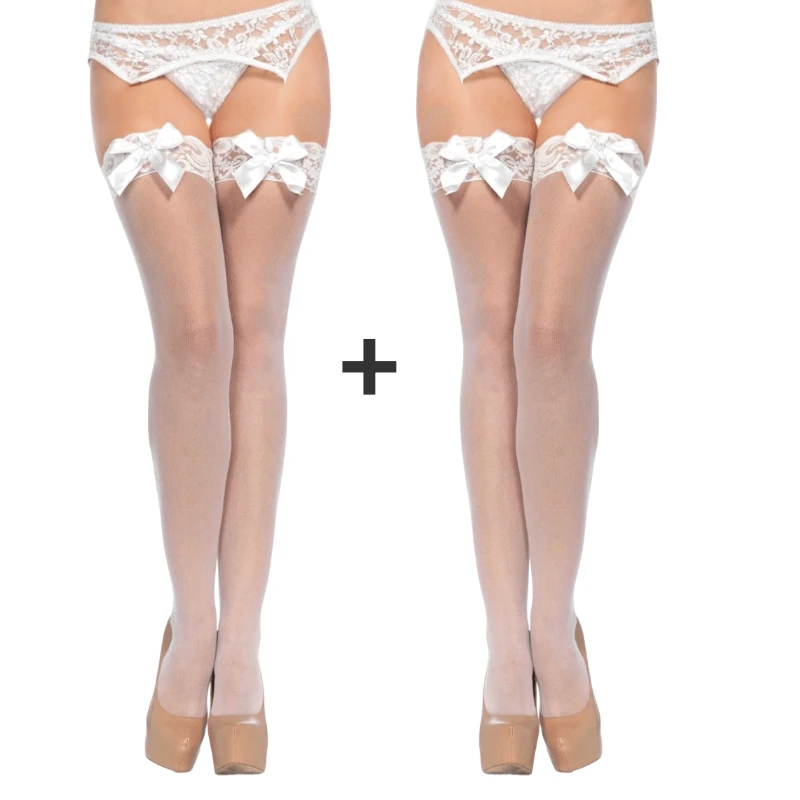 

2Pcs/set Sexy medias Women Stockings Lace Top with Bowknot Design Silky Thigh High Long Socks Transparent sheer Hosiery