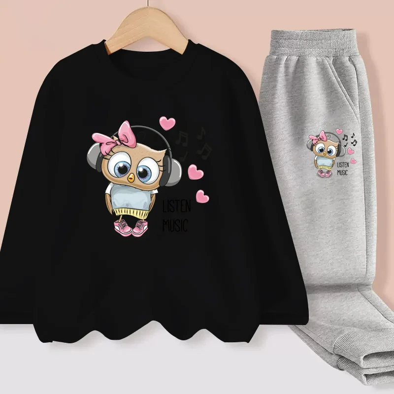 Aimi Lakana Baby Girls Long Sleeve Sets Owl Cartoon T-shirt Kids Casual Cotton Clothing Spring Autumn Dresses 3-14T