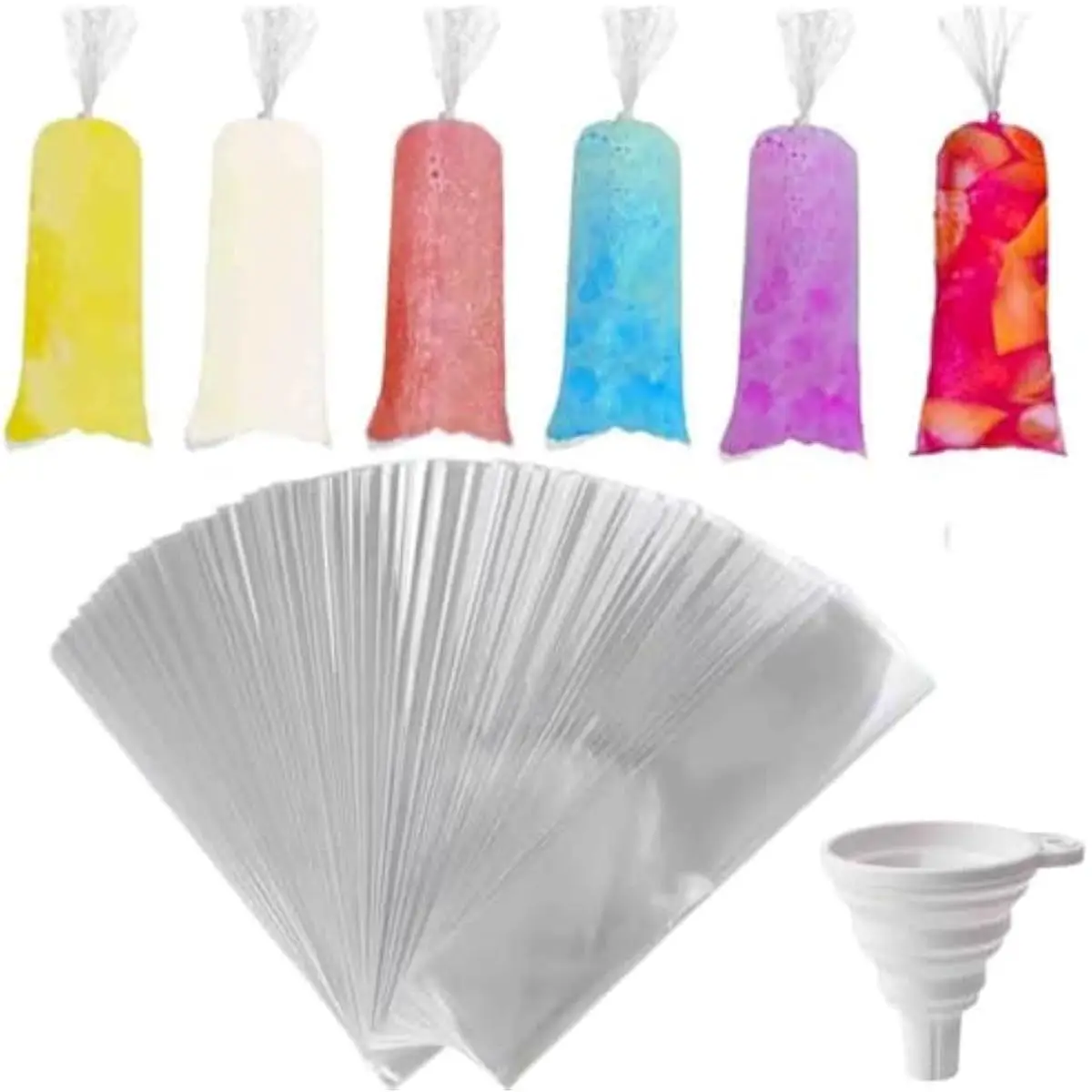 250 Pcs Disposable Ice Lolly Molds – Plastic Freeze Pop Bags with Silicone Funnel for Homemade Yogurt and Candy (3 x 10Inch)