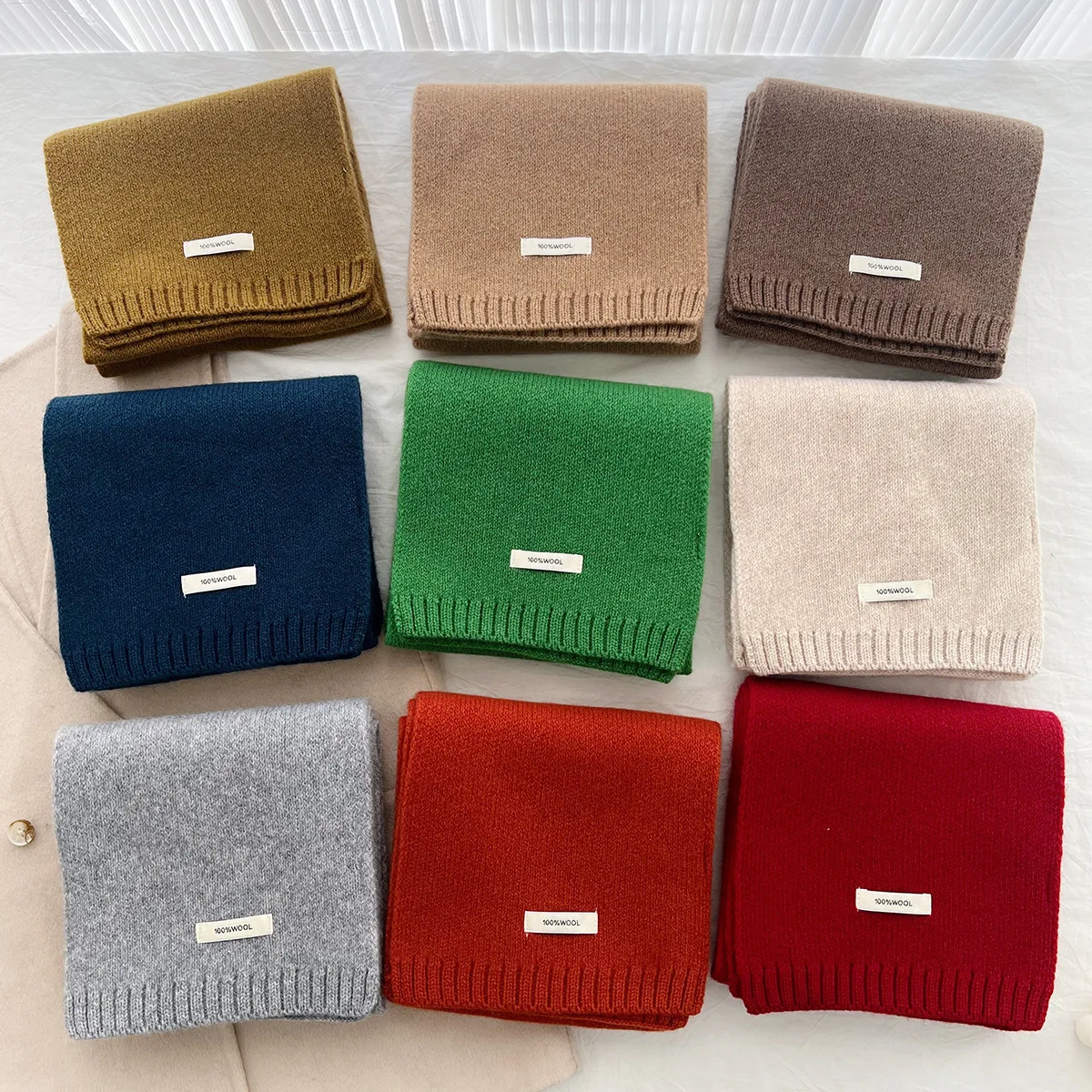 

100% Wool Solid Color Scarf for Men & Women - Winter Thick Warm Knitted Neck Warmer, Versatile Minimalist Shawl Hijab Hair Wrap