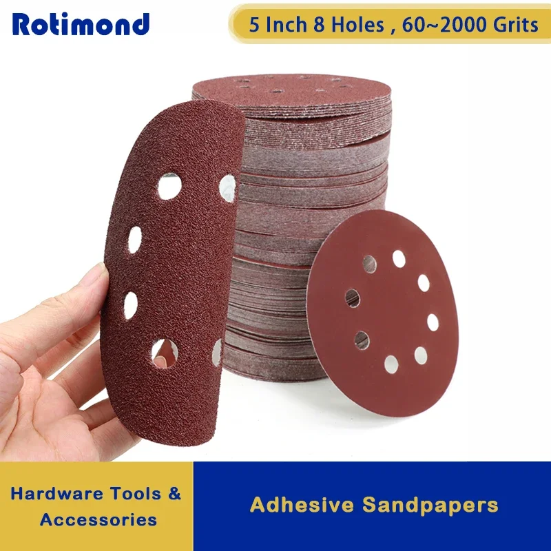 

10~100pcs Sanding Discs Hook and Loop Adhesive Sandpaper 5 Inch 8 Hole for Random Orbital Sander 60-2000 Grits Abrasive Sheets