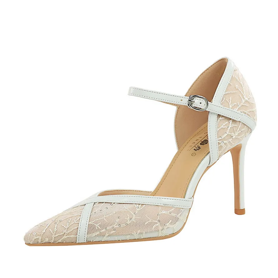 

Spring and summer new pointed toe hollow white lace mesh sequin wedding shoes banquet large size thin high-heeled women's sandal