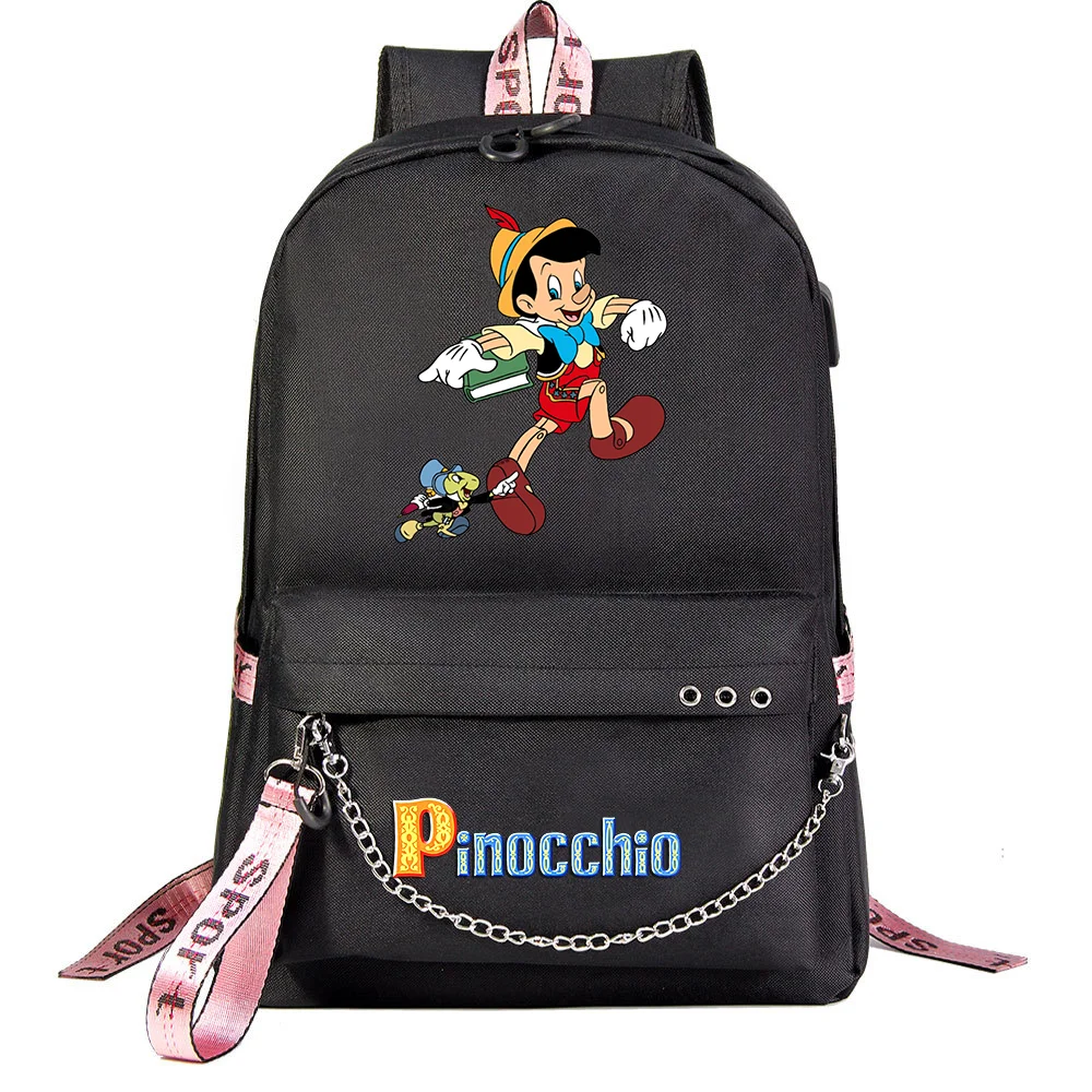 Disney Cartoon Pinocchio Students School Bag, Casual Travel Laptop Backpack with Charging USB, Teenager Backpacks, Women and Men