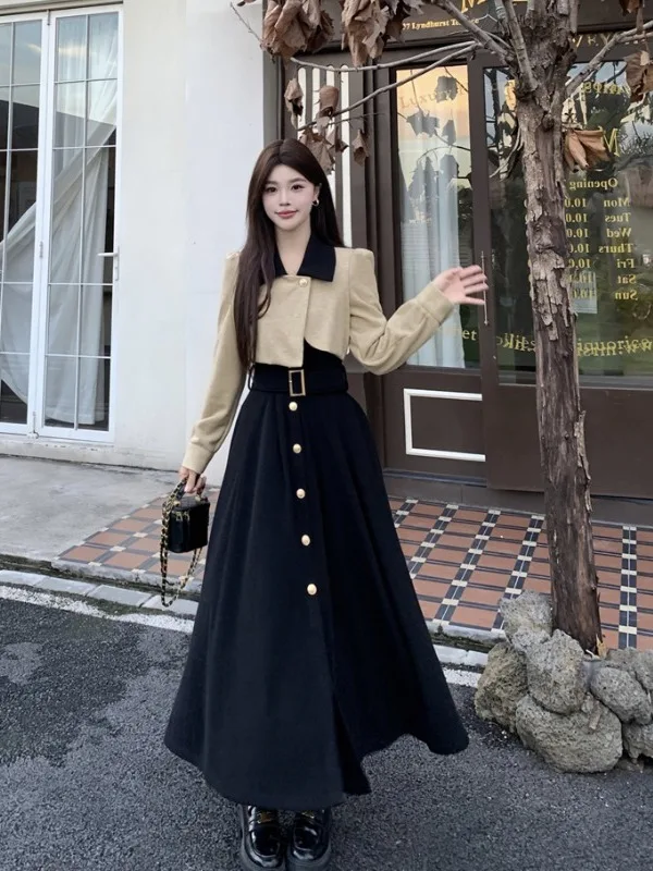 

plus Size Hepburn Sle Ele Fake Two-Piece Dr Women's Faion Autumn New Design Slimming Long Dr Commute Korean Ver...