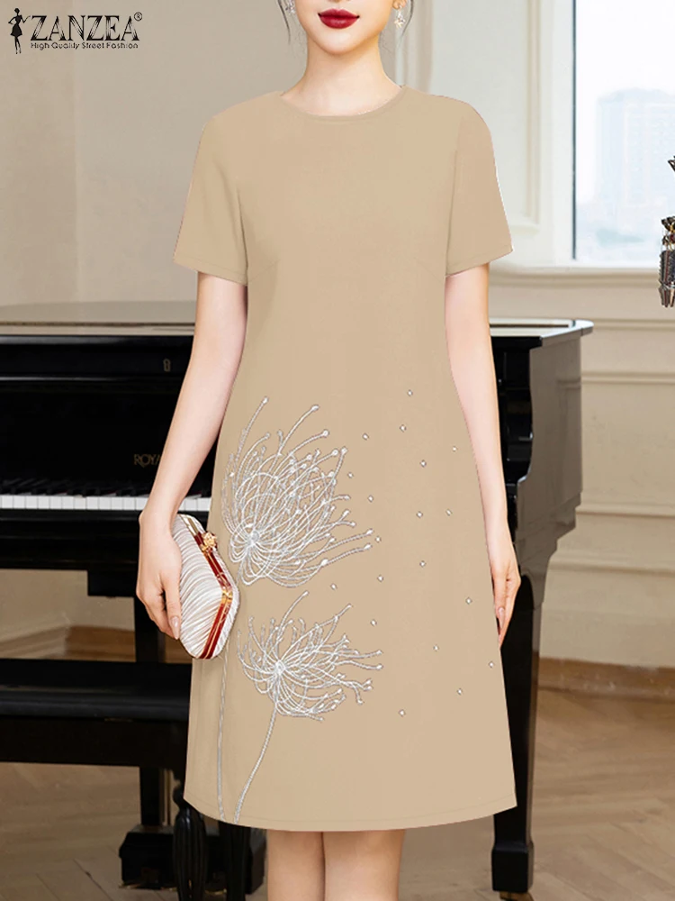 ZANZEA Womens Commuting Solid Vestidos Casual O-Neck Summer Short Sleeve T-Shirt Dresses Embroidered Knee-Length Robes Femme