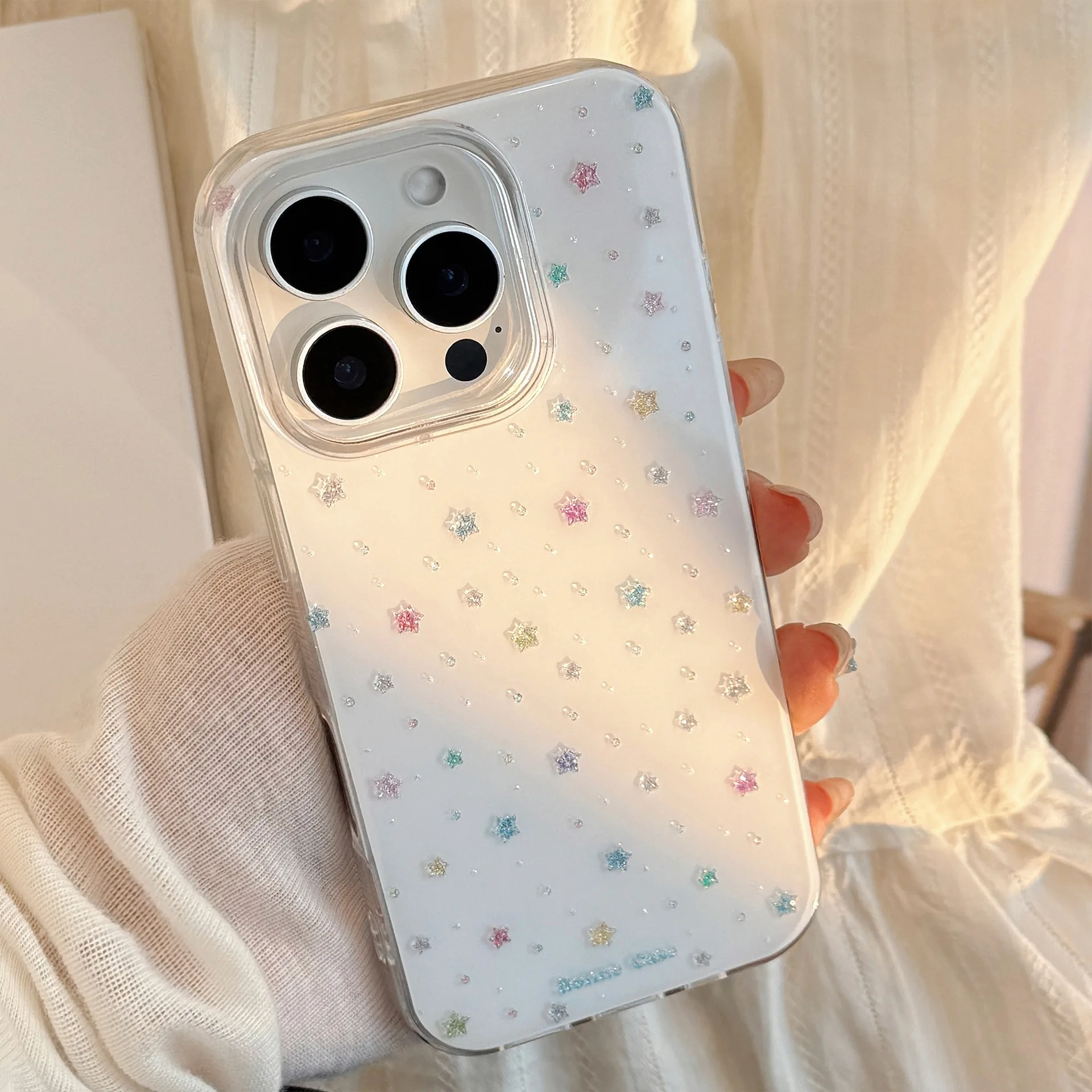 Koreanische Vollbild-Handyhülle mit bunten Sternen für iPhone 16 15 14 13 12 Mini 11 Pro Max XS XR X 7 8 Plus, stoßfeste Hartschale