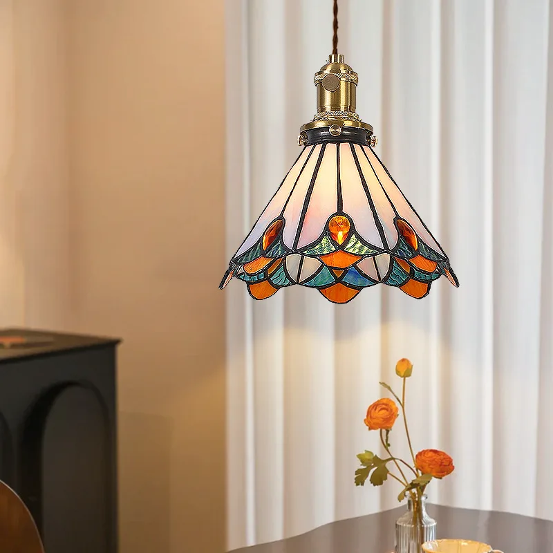 Retro Creative Restaurant Chandelier Tiffany Colorful Countryside Flower Pendant Light Home Decoration LED Glass Hanging Lamps