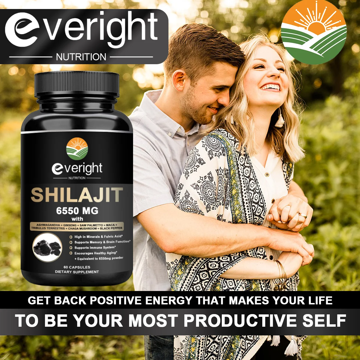 Shilajit Resin Himalayan Capsules - 6550mg - Combined Ashwagandha, Ginseng, Saw Palmetto, Maca, Tribulus, Chaga, Black Pepper