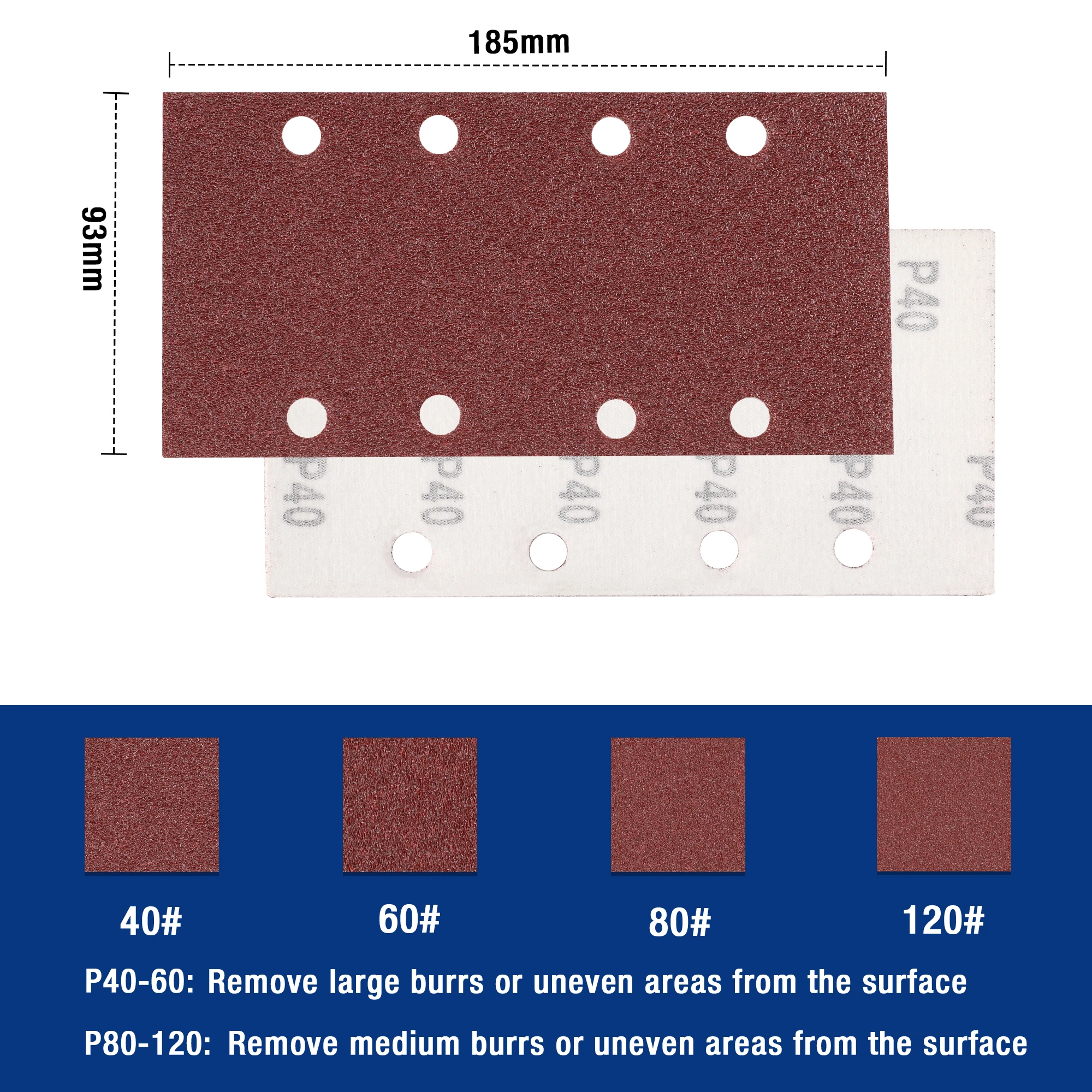 WORKPRO Sanding Sheets 100 Pieces 93 x 185mm Hook and Loop Sandpaper with 8 Holes Sanding Pads Assorted