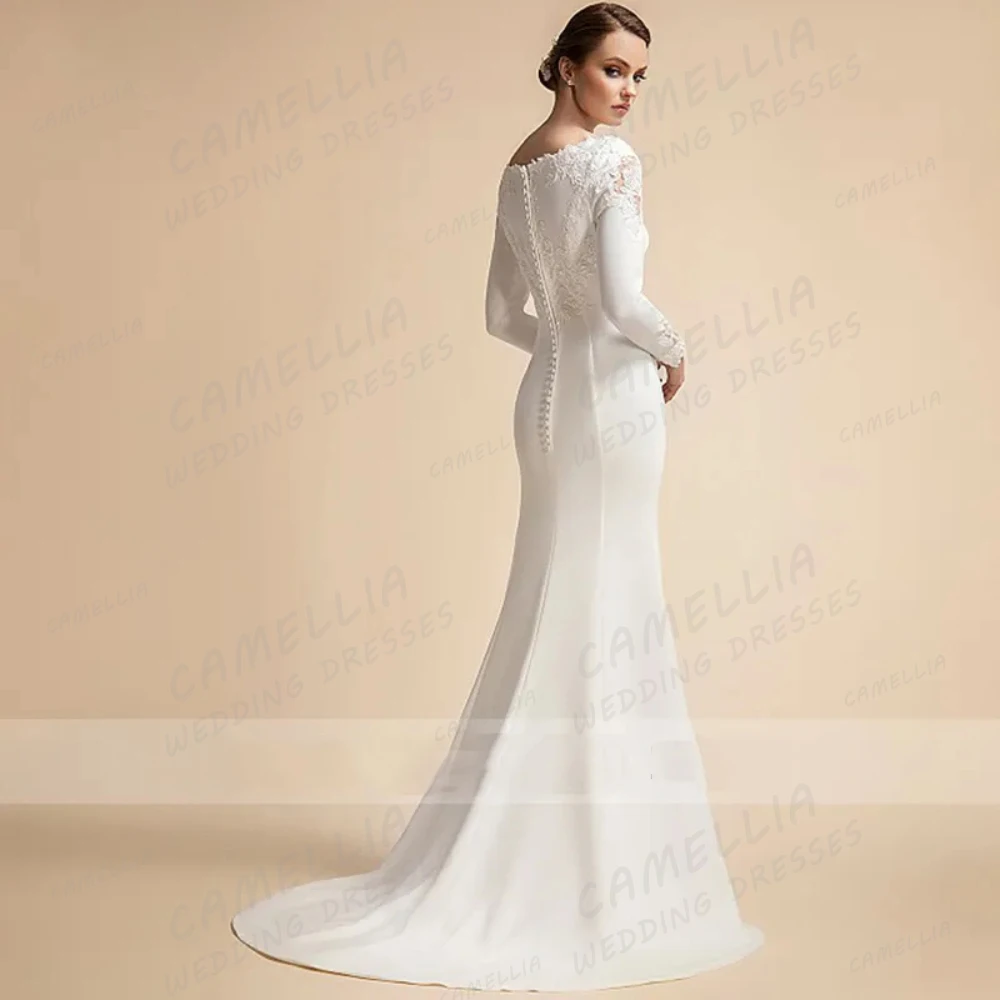 Elegant Appliques Wedding Dresses Women's A Line Sexy High Neck Bridal Gowns Long Sleeve Satin Formal Muslim Vestidos De Novias