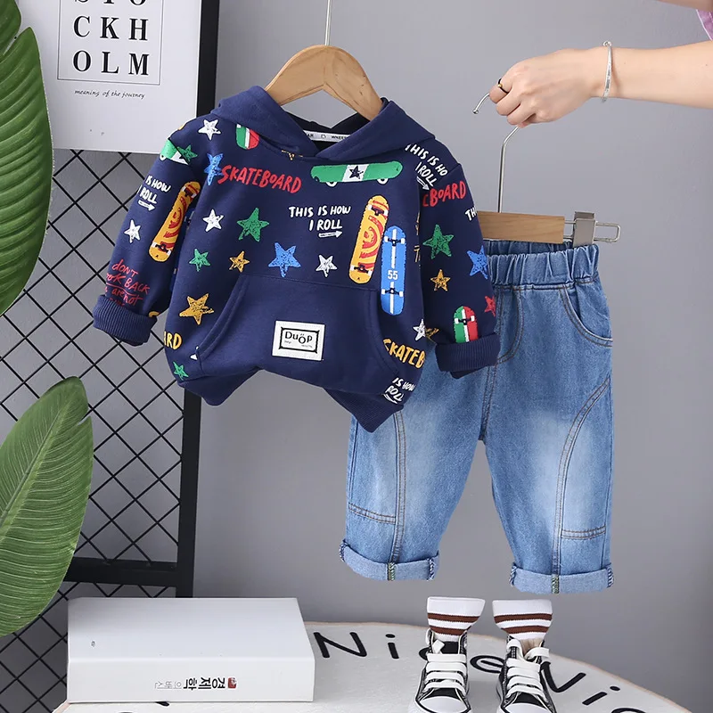 Children's Clothing 2024 Spring Autumn Skateboard Star Long Sleeved Hooded Hoodies and Pants Two Piece Boys Sets Toddler Outfits