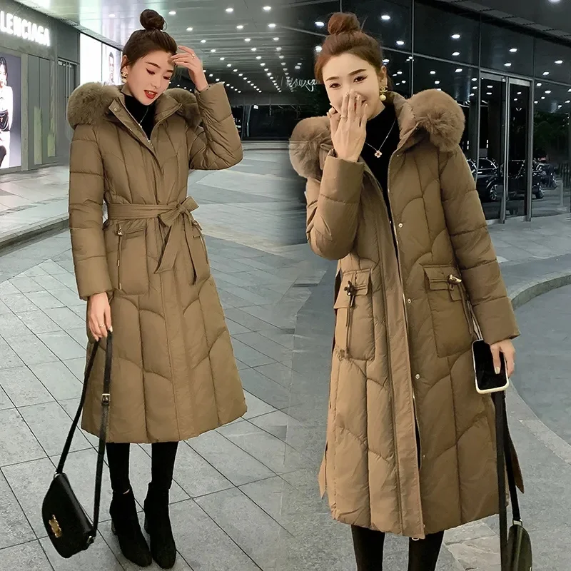 2024 Winter New Women\'s Long Down Cotton Jacket Fur Collar Hooded Puffy Coat Warm Parker Overcoat Female Casual Jackets